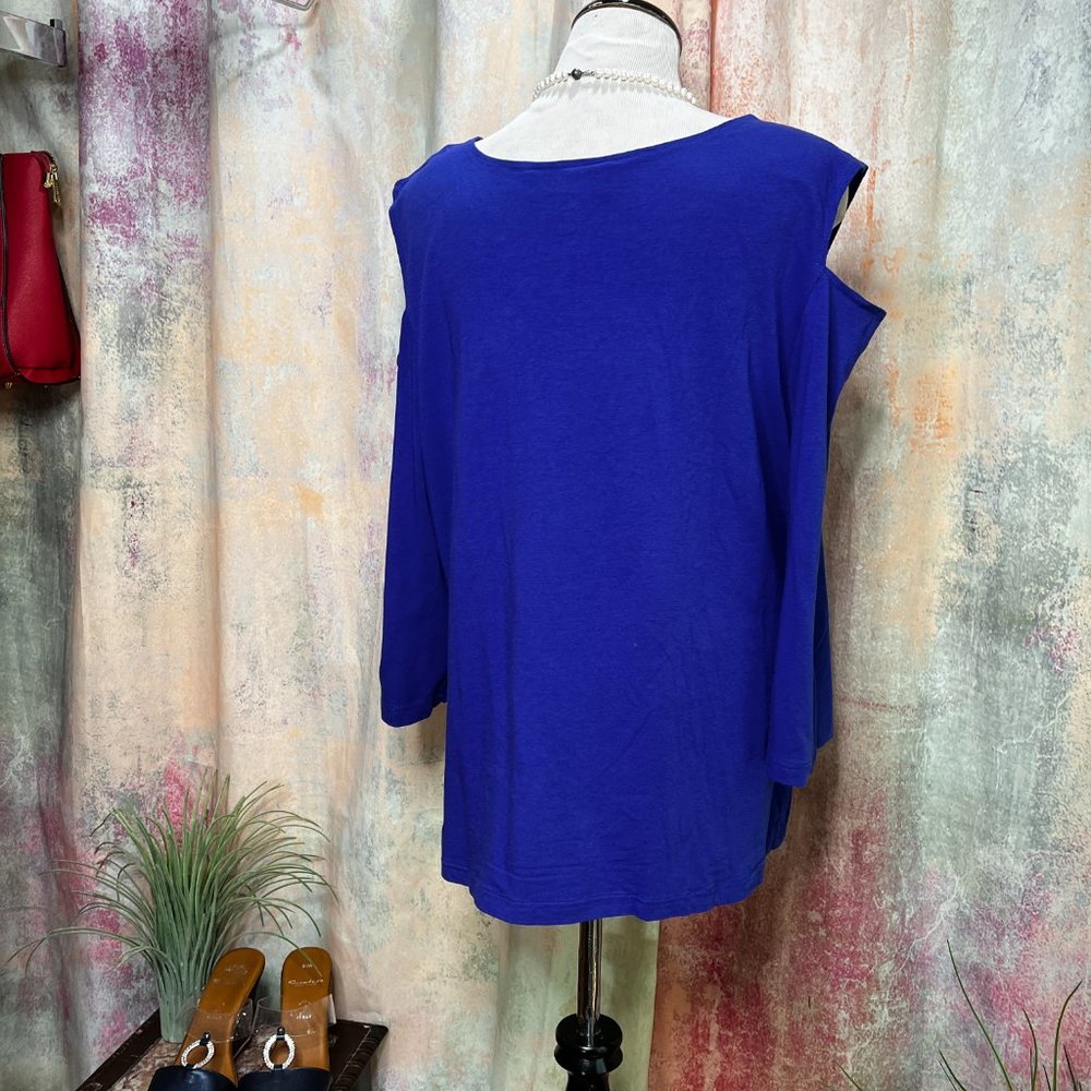 📌The Pyramid Collection Royal Blue Cold Shoulder Waterfall Front Top - Picture 9 of 15